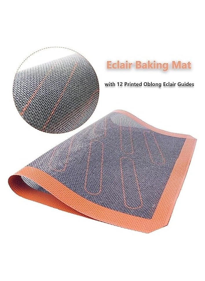 Perforated Silicone Baking Mats, 2 PCS Eclair Silicone Mat for Half Sheet with 12 Printed Oblong Eclair Guides, Non-Stick Reusable Oven Liners for Making Bread/Pizza/Pastry/Cookie 42 * 29.5cm