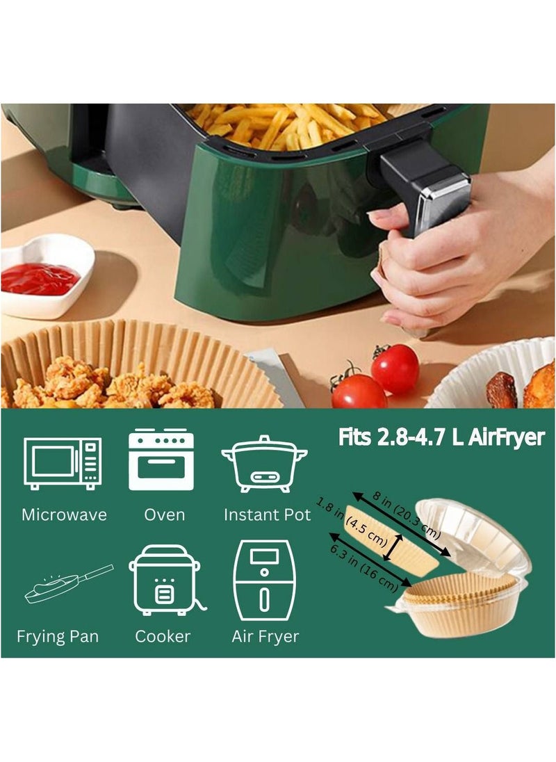 130PCS 6.3in 16cm Round Air Fryer Parchment Liners + Bonus:Silicone Tongs & Disposable Tins! Non-Stick, Oil-Resistant & Food-Grade Baking. Perfect for 2.8-4.7L Fryers.Bake,Roast & Microwave.