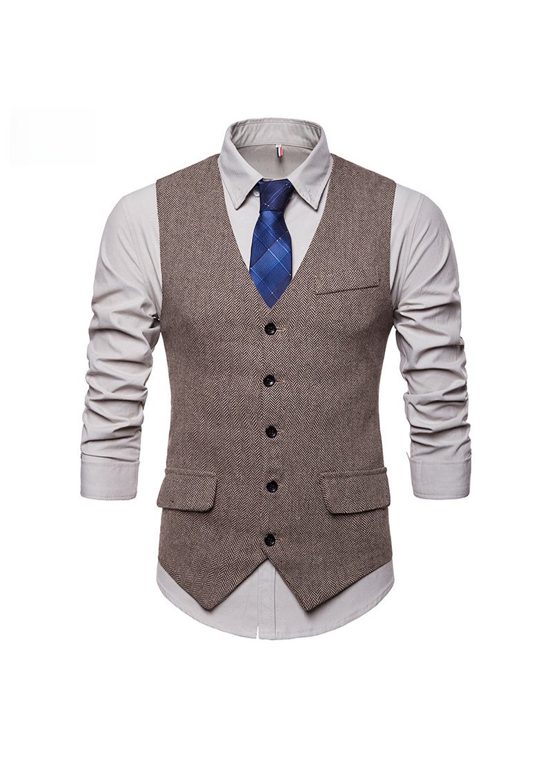 1 x 5 pcs 2023 Mens Fashion Large Vest V-Neck Suit Waistcoat Khaki