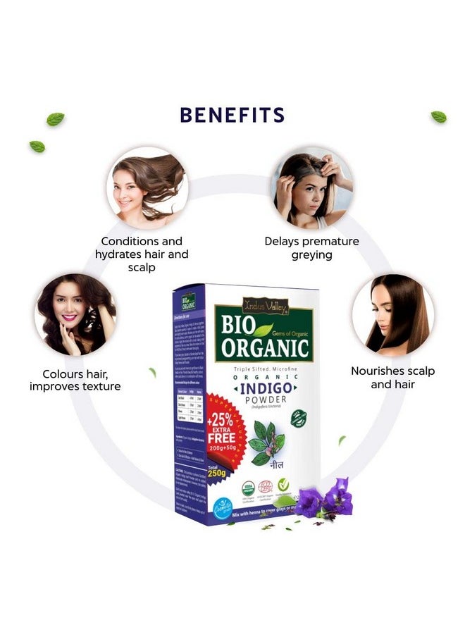 Bio Organic 100% Organic And Herbal Indigo Powder, For Natural Hair Coloring, Arrests Early Greying & Protects Hair From Damage - 250G