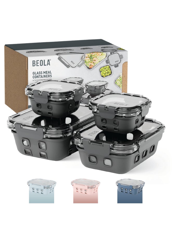 Set of 4 Glass Food Storage Containers with Airtight Lids and Silicone Protection, Leakproof Food Organizer, Freezer, Dishwasher, Microwave Safe, Kitchen Organizer for Food, BPA FREE (Lava Gray)