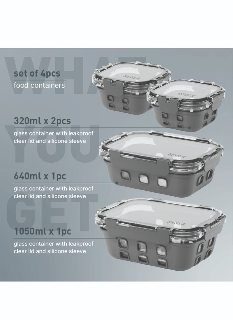 Set of 4 Glass Food Storage Containers with Airtight Lids and Silicone Protection, Leakproof Food Organizer, Freezer, Dishwasher, Microwave Safe, Kitchen Organizer for Food, BPA FREE (Lava Gray)