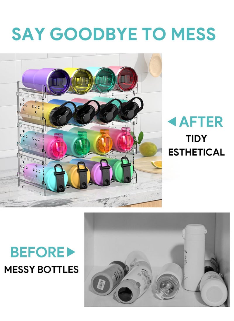 Water Bottle Organizer - 4 Pack Stackable Cup Organizer for Cabinet, Countertop, Pantry and Fridge, Free-Standing Tumbler Kitchen Storage Holder for Wine and Drink Bottles, Clear Plastic