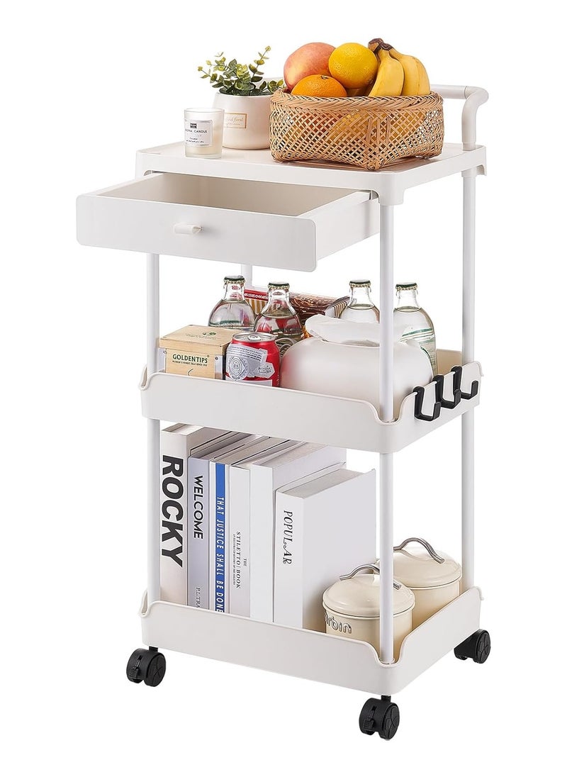 3-Tier Rolling Utility Cart with Drawer, Kitchen Cart with Lockable Wheels, Multifunctional Storage Trolley with Handle for Office, Living Room, Kitchen, Movable Storage Organizer Shelves, White