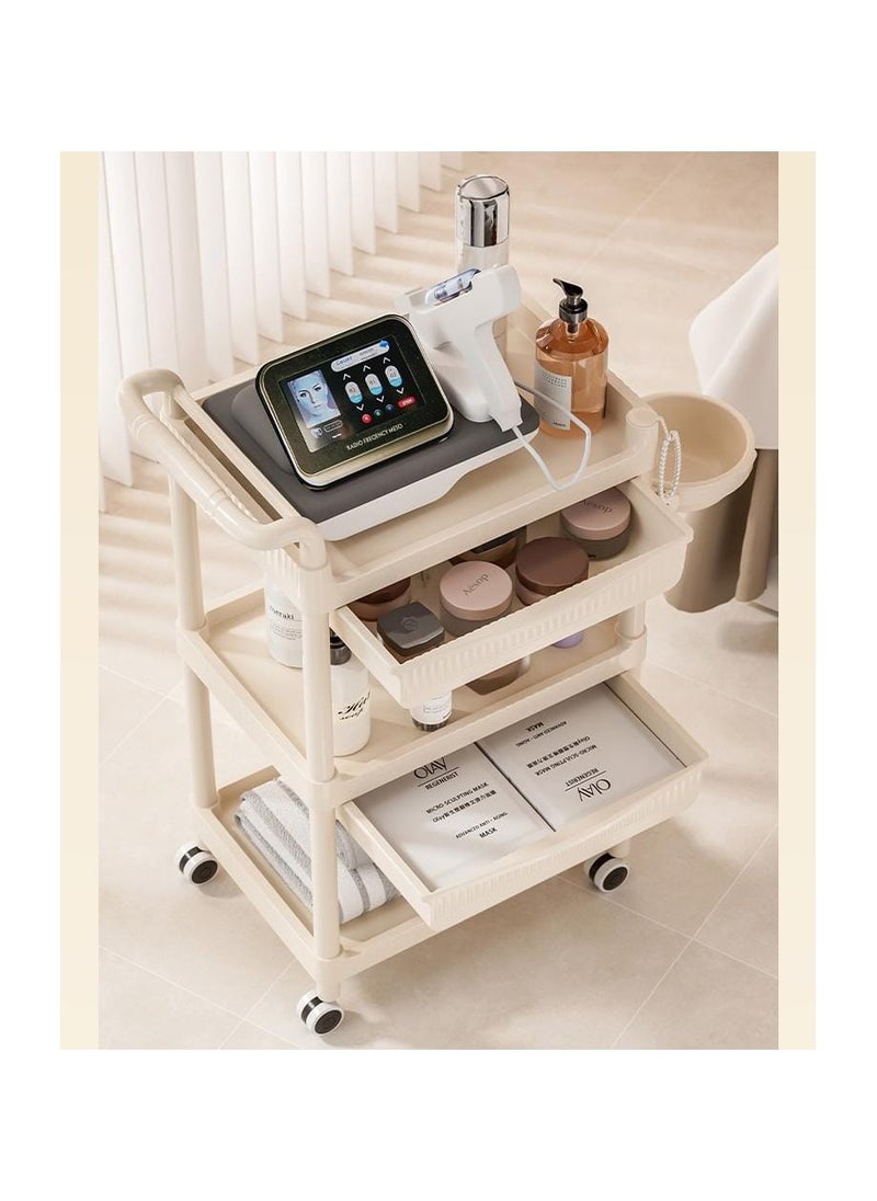 3-Tier Rolling Utility Cart with Drawer, Kitchen Cart with Lockable Wheels, Multifunctional Storage Trolley with Handle for Office, Living Room, Kitchen, Movable Storage Organizer Shelves, White