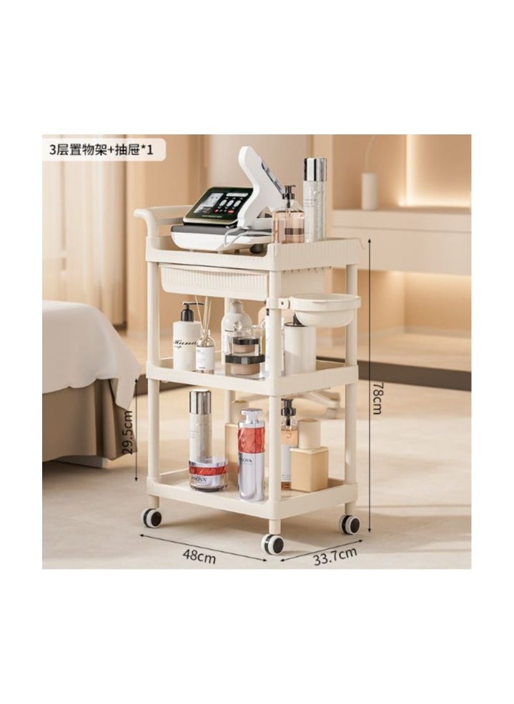 3-Tier Rolling Utility Cart with Drawer, Kitchen Cart with Lockable Wheels, Multifunctional Storage Trolley with Handle for Office, Living Room, Kitchen, Movable Storage Organizer Shelves, White