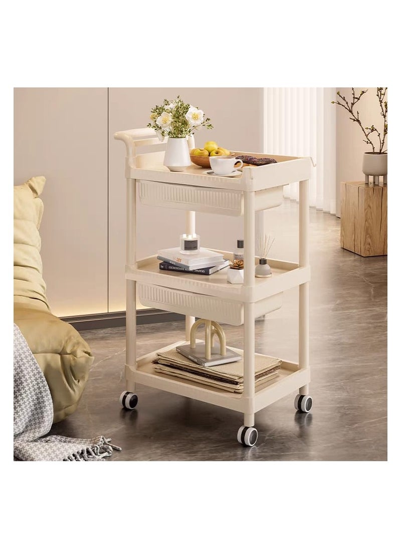 3-Tier Rolling Utility Cart with Drawer, Kitchen Cart with Lockable Wheels, Multifunctional Storage Trolley with Handle for Office, Living Room, Kitchen, Movable Storage Organizer Shelves, White