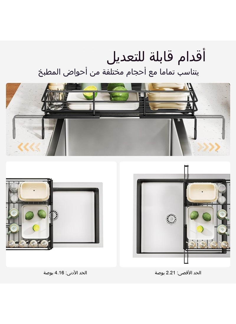 Extendable Dish Rack, Large Sink Drying Dish Drainer for Kitchen Counter, Stainless Steel Dish Strainer with Utensil Holder, Black