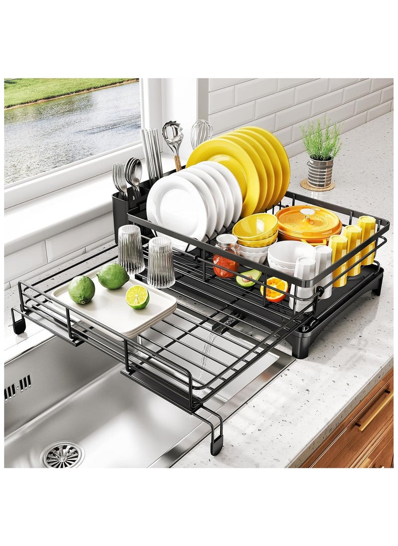 Extendable Dish Rack, Large Sink Drying Dish Drainer for Kitchen Counter, Stainless Steel Dish Strainer with Utensil Holder, Black
