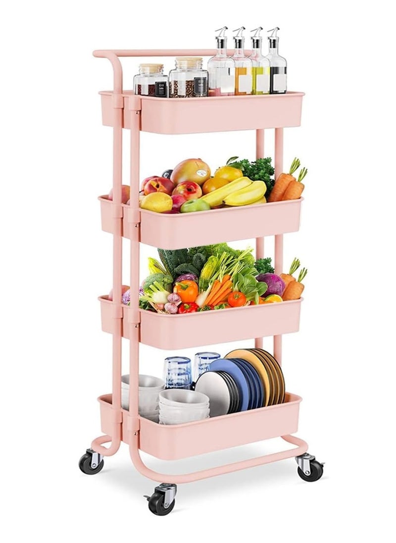 Rolling Utility Cart 4-Tier Kitchen Metal Trolley Movable Storage Cart with Lockable Wheel and Handle Multifunction Heavy Duty Organizer