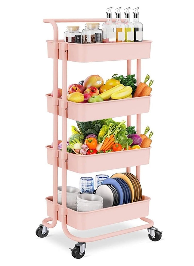 4-Tier Rolling Utility Storage Stand Movable Rolling Cart Large Capacity Storage Holder Craft Cart Multipurpose Organizer Shelf With Handles And Lockable Wheels for Kitchen,Bathroom,Living Room