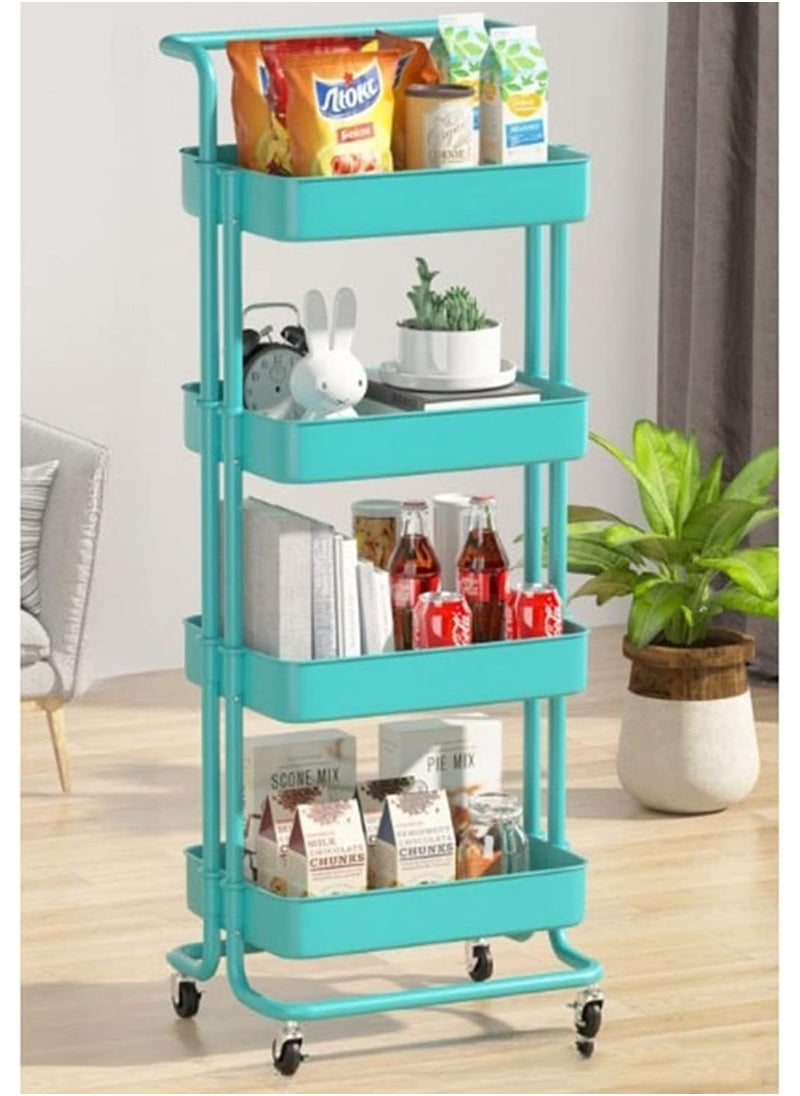 4 Tier Mesh Utility Cart, Rolling Metal Organization Cart with Handle and Lockable Wheels, Multifunctional Storage Shelves for Kitchen Living Room Office