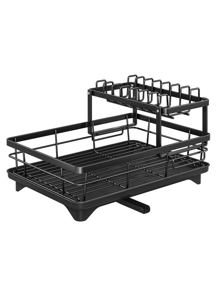 Large size dish drying rack with 2 layers of carbon steel dish rack, suitable for kitchen countertops, durable dish drain, with drainage, suitable for tableware racks of various kitchen utensils, black