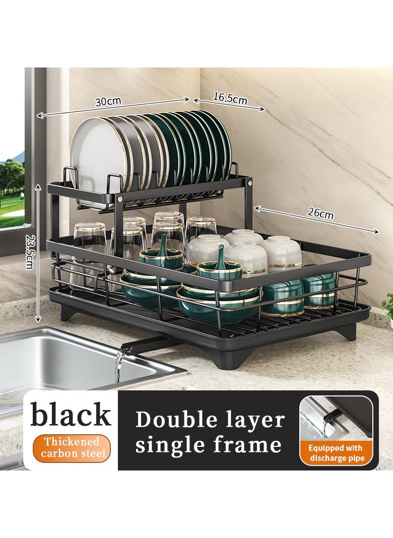 Large size dish drying rack with 2 layers of carbon steel dish rack, suitable for kitchen countertops, durable dish drain, with drainage, suitable for tableware racks of various kitchen utensils, black