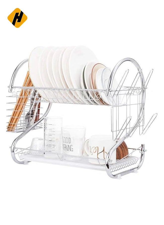 Dish Drying Rack Over the Sink, 2-Tier Dish Rack with Utensil Holder, Water Cup Holder and Drain Board for Kitchen Counter