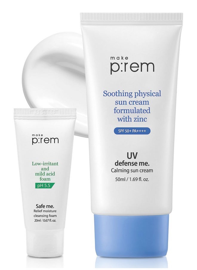 Makeprem Uva Uvb Defense Me Calming Sun Cream Vegan Sunblock Spf 50+ Pa++++ 1.69 Fl Oz Reef-Safe Non-Nano Mineral Sunscreen Broad Uv Protection Blue Ray Dry Sensitive Acne-Prone Oily Skin No Chemical