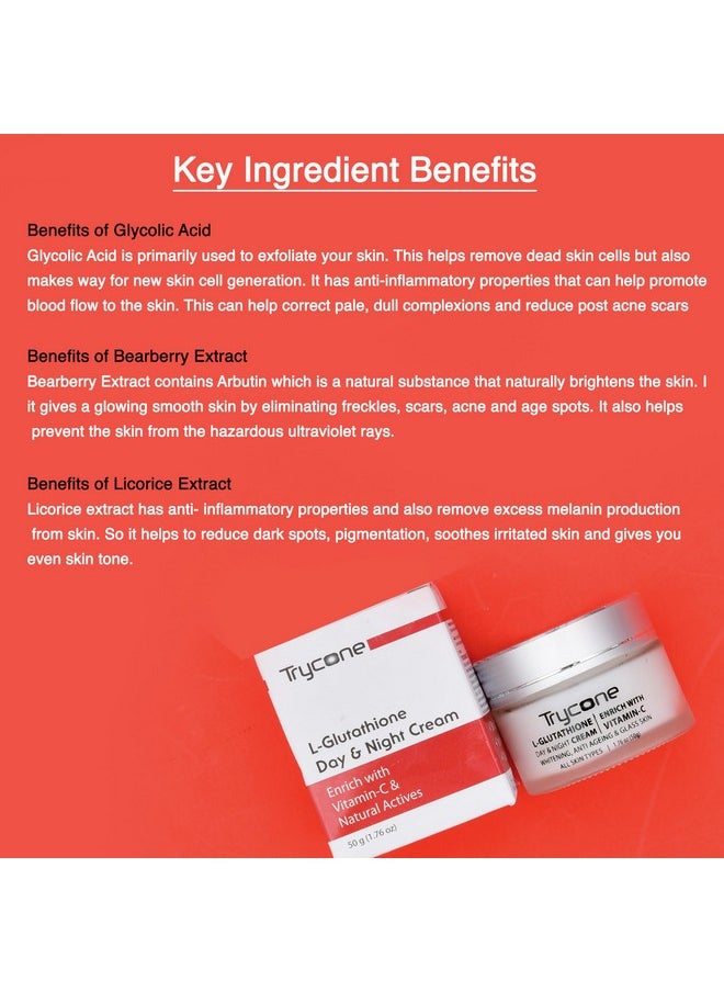 L- Glutathione And Vitamin C Day & Night Moisturizer Cream For Face, Anti Aging, Dark Spots Removal, Enrich With Kojic Acid And Natural Actives, 50 Gm