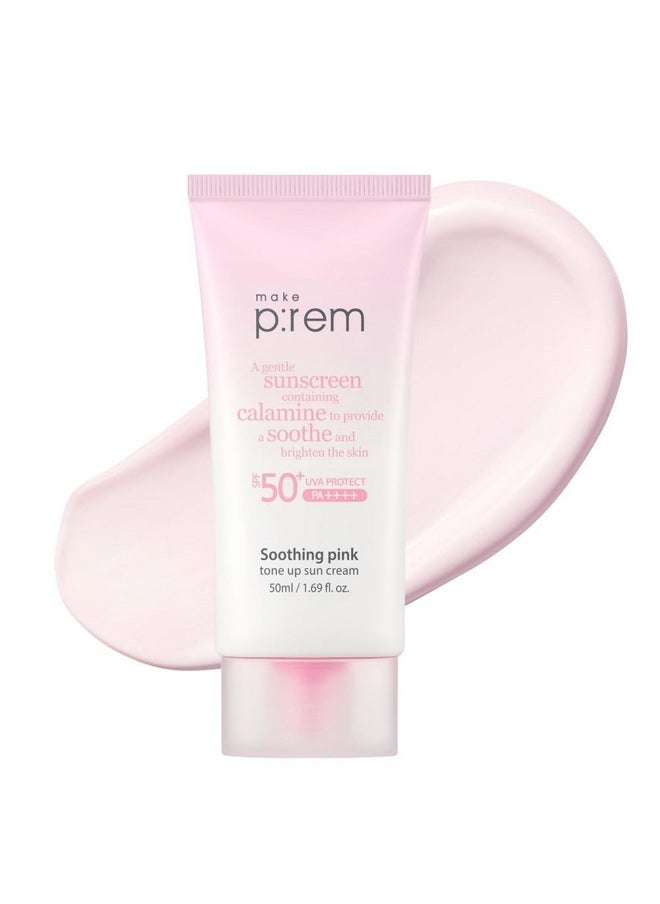 Make P:Rem Soothing Pink Tone Up Sun Cream, Mineral Sunscreen For Dehydrated Skin, Lightweight, Non-Greasy Formula, Skin Tone Correction, Korean Sunscreen, Spf 50, 1.69 Fl. Oz. 50Ml