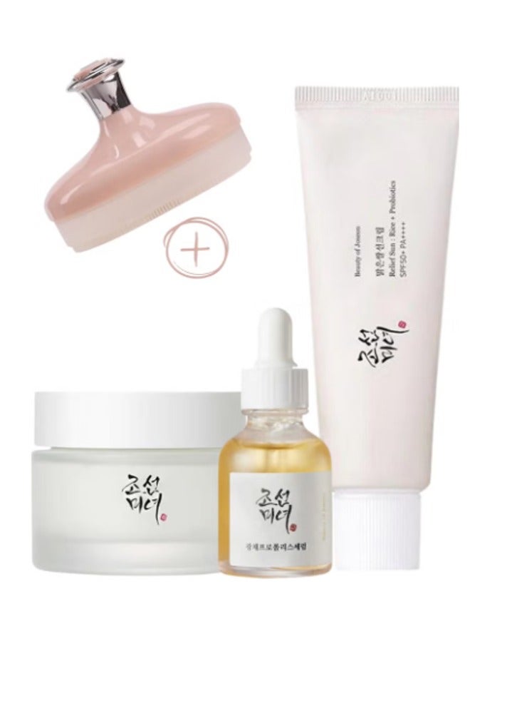 Glow Kit & Face Scrubber - Radiance-Boosting Glow Serum with Propolis & Niacinamide, Luxurious Dynasty Cream, and Sunscreen Relief Sun Probiotics SPF50+ PA++++ 130ml mlml