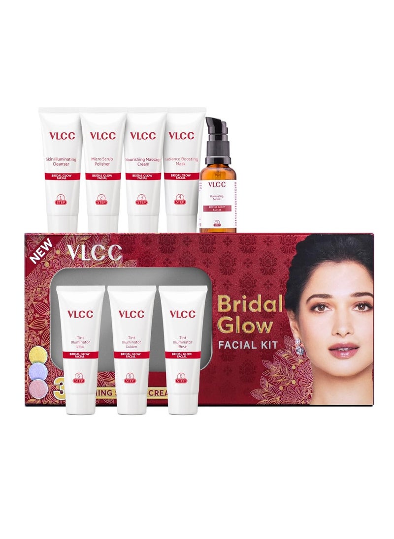 VLCC Bridal Glow Facial Kit - 49g, With Hyaluronic Acid, Niacinamide & Vitamin C. At home facial with 3 Illuminator Strobe Creams - Gold Strobe Cream. Lilac Strobe Cream. Rose Strobe Cream