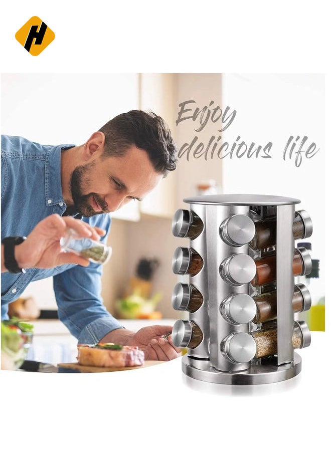 Spice Rack With 16 Jars, Countertop Spice Tower, Round Spice Rack, Countertop Spice Rack, Revolving Spice Rack Organizer for Seasoning Dried Herbs