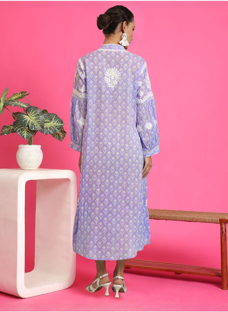 Hand Embroidered Chikankari Mulmul Cotton Printed Jalabiya-AL4053