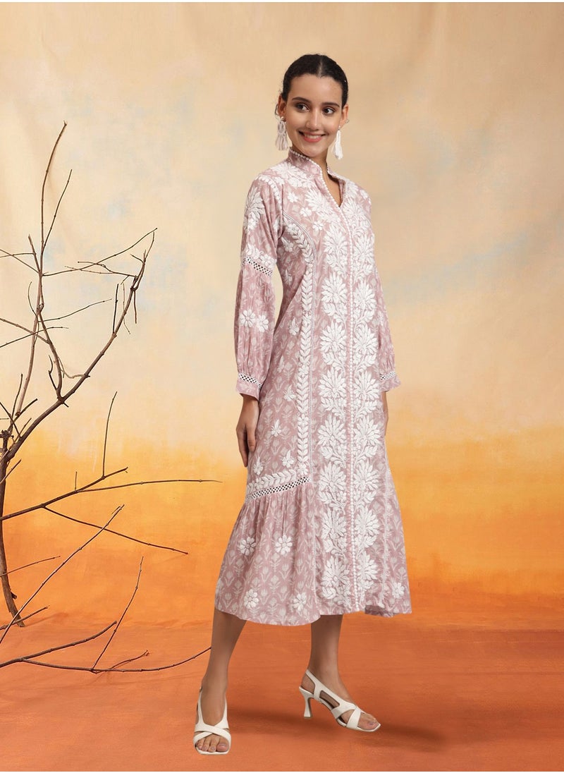 Hand Embroidered Chikankari Mulmul Cotton Printed Jalabiya-AL4053