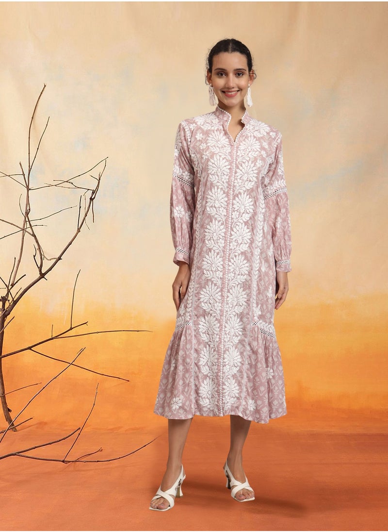 Hand Embroidered Chikankari Mulmul Cotton Printed Jalabiya-AL4053