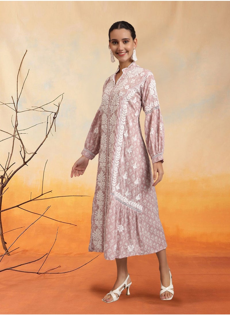 Hand Embroidered Chikankari Mulmul Cotton Printed Jalabiya-AL4053