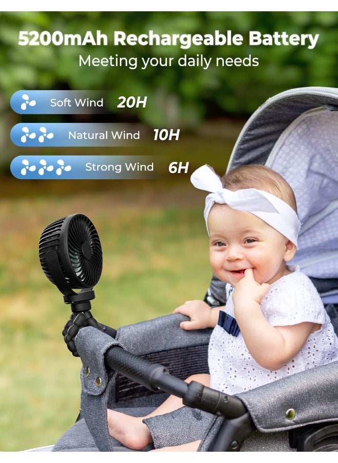 McMola Pram Stroller Fan 5200 mAh, Baby Fan for Pram, Clip on Fans 3 Levels Lights Pushchair Cooling Buggy Silicone Tripod Portable Holiday Usb Mini Handheld Kids