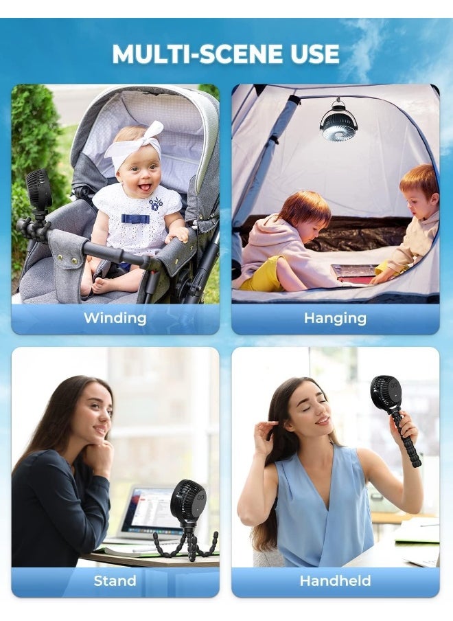 McMola Pram Stroller Fan 5200 mAh, Baby Fan for Pram, Clip on Fans 3 Levels Lights Pushchair Cooling Buggy Silicone Tripod Portable Holiday Usb Mini Handheld Kids