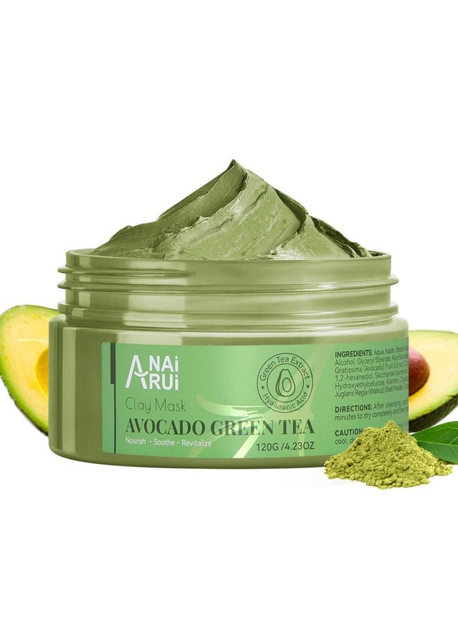 Green Tea Face Mask With Avocado, Clay Facial Mask For Acne, Detox, Face Cleansing Mask, Hydrating, Nourishing, Soothing, 120G/4.23 Oz