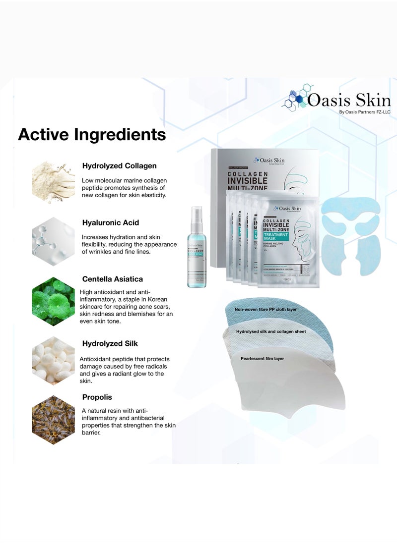 Oasis Skin 10 Pcs Collagen Dissolving Masks with Solid Spray Activation Serum | Hydrolyzed Marine Collagen for 90% Absorption, Deep Hydration & Anti-Aging (10 Masks + 1 Serum)