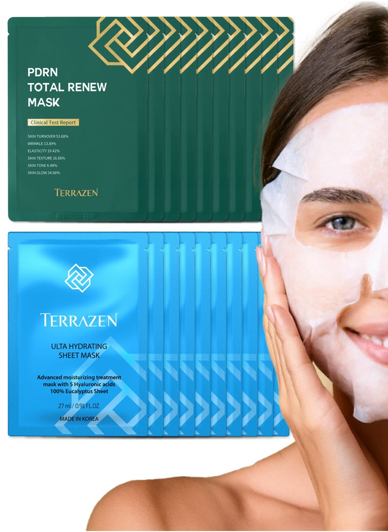 Korean Face Sheet Mask Bundle – PDRN Total Renew (Retinol) & Aqua Recharge (Hyaluronic Acid) Masks for Anti-Aging, Hydration & Firmness