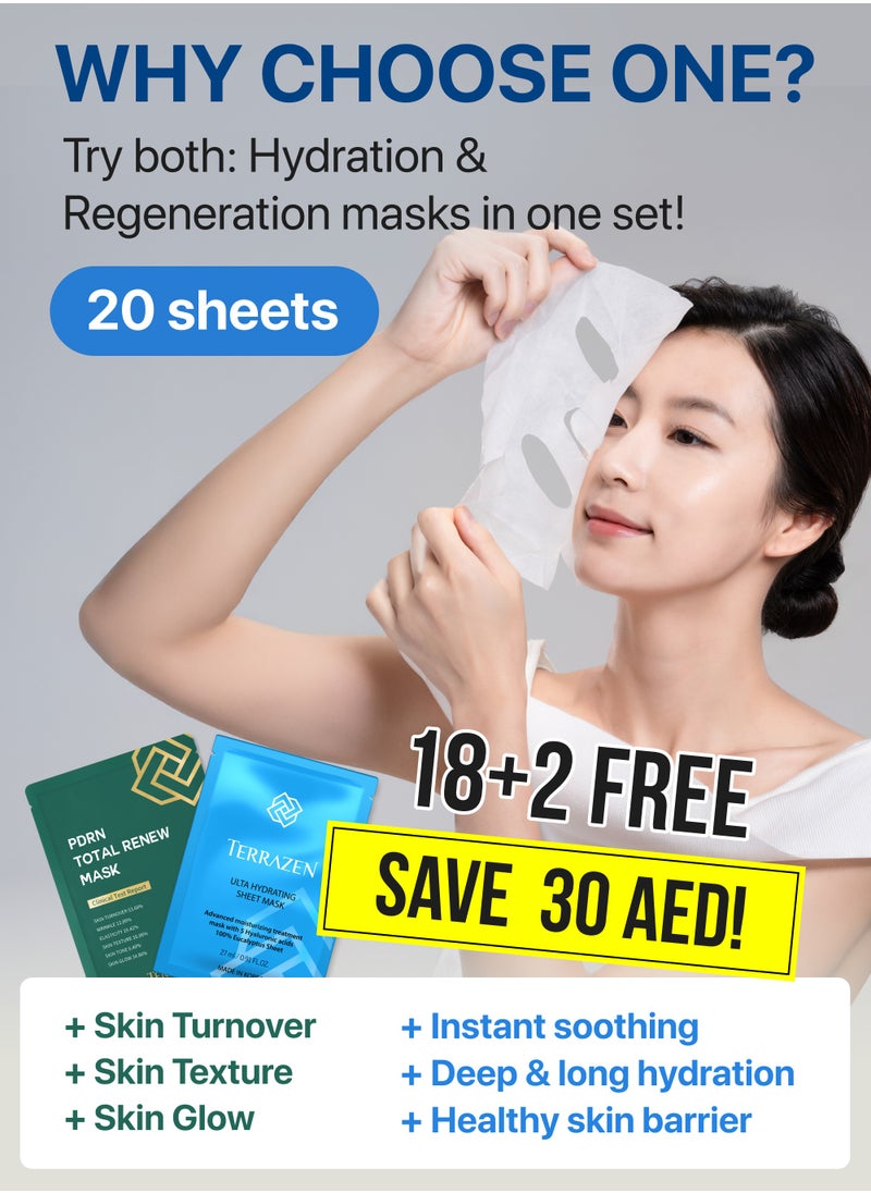 Korean Face Sheet Mask Bundle – PDRN Total Renew (Retinol) & Aqua Recharge (Hyaluronic Acid) Masks for Anti-Aging, Hydration & Firmness