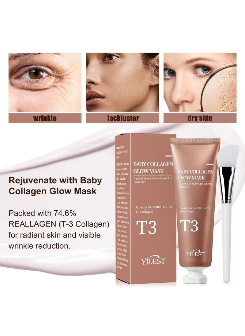 T3 Collagen Mask, Baby Collagen Glow Mask, Collagen Peel Off Mask, Hydrating Mask for Anti-Wrinkle, Anti-Aging, Pore Tightening, Firming Lifting Glowy Skin