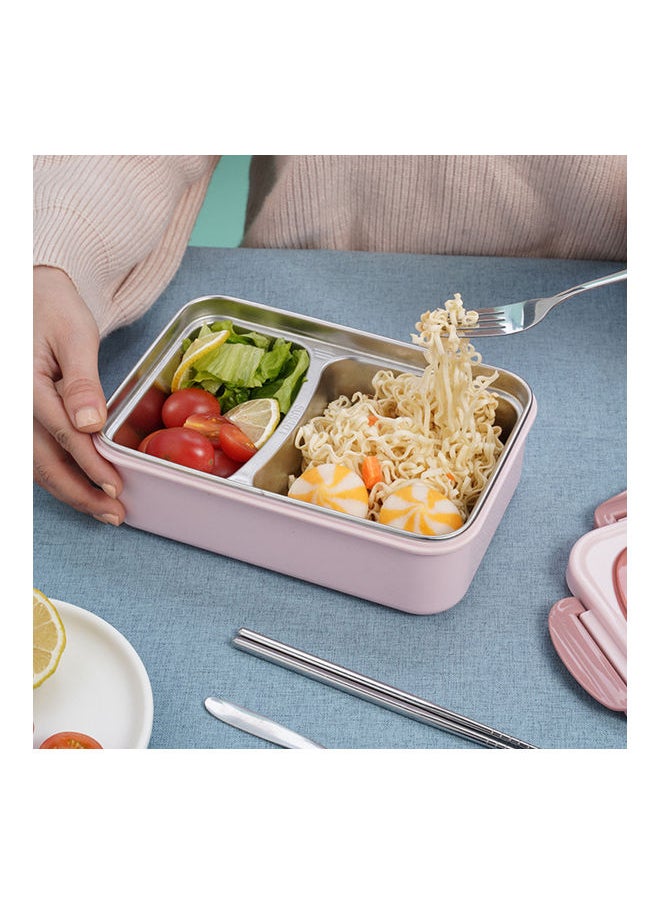 Divided Lunch Box With Tableware Set Pink/Silver 21.3x14.5x7.5cm