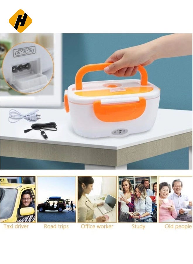 Electric Lunch Box 2 in 1, Portable Food Warmer Heating,Food-Grade Container, 12V 110V 40W Adapter, Car Truck Home Work Use, Spoon and 2 Compartments Included (orange)