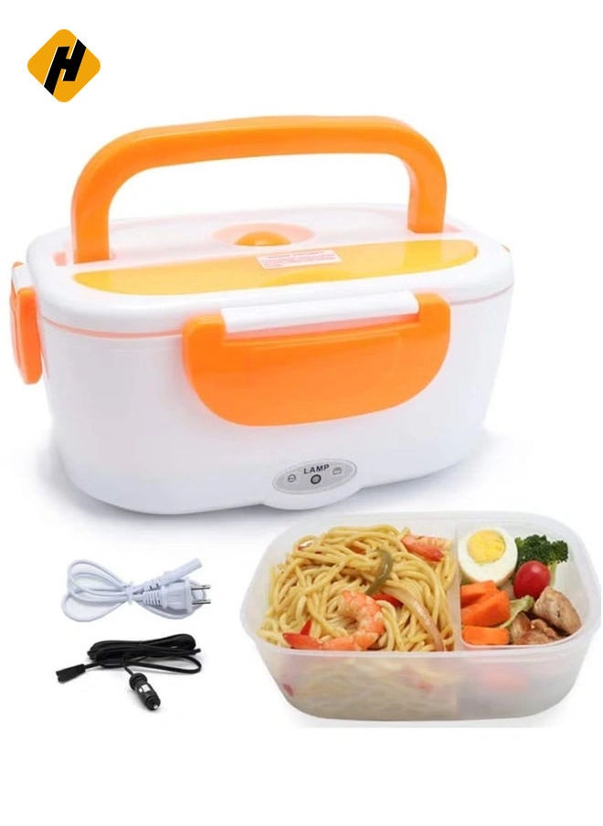 Electric Lunch Box 2 in 1, Portable Food Warmer Heating,Food-Grade Container, 12V 110V 40W Adapter, Car Truck Home Work Use, Spoon and 2 Compartments Included (orange)