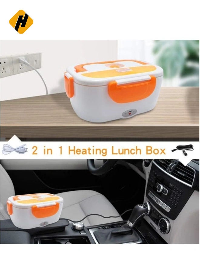 Electric Lunch Box 2 in 1, Portable Food Warmer Heating,Food-Grade Container, 12V 110V 40W Adapter, Car Truck Home Work Use, Spoon and 2 Compartments Included (orange)