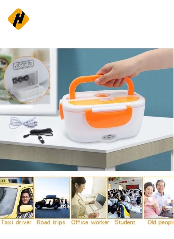 Electric Lunch Box 2 in 1, Portable Food Warmer Heating,Food-Grade Container, 12V 110V 40W Adapter, Car Truck Home Work Use, Spoon and 2 Compartments Included (orange)