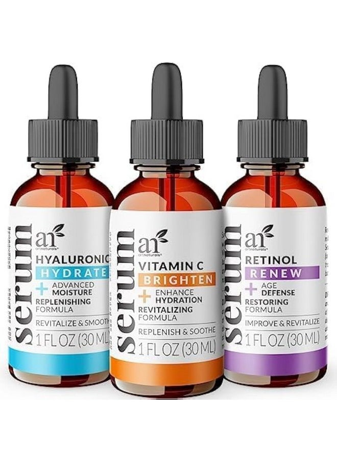 Anti-Aging-Set With Vitamin-C Retinol And Hyaluronic-Acid - (3 X 1 Fl Oz / 30Ml) Serum For Anti Wrinkle And Dark Circle Remover - All Natural And Moisturizing