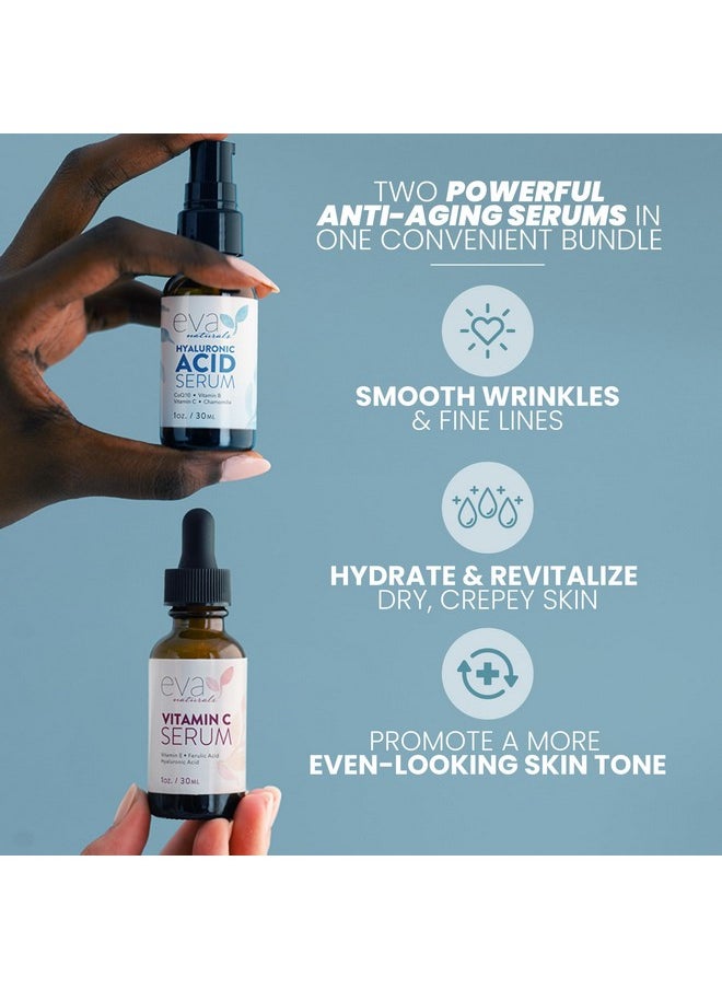 Hydrate And Brighten Skincare Bundle - Includes Hyaluronic Acid Serum And 20% Vitamin C Serum - Restores Lost Moisture, Plumps Skin While Toning And Smoothing The Complexion