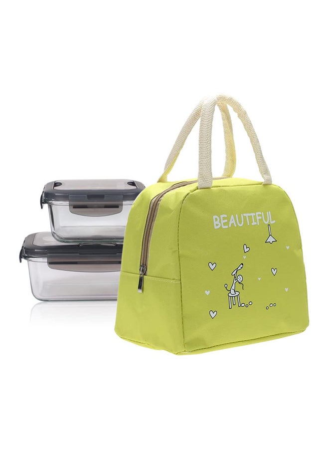 Portable Canvas Lunch Bag Green/White 25x21x14cm