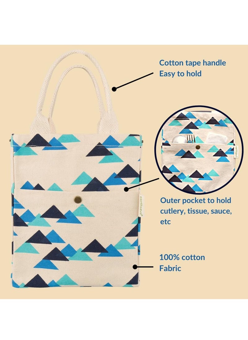 earthsave Insulated Lunch Bag for Office Women & Men (Blue & White) | Eco-Friendly Canvas Tiffin Bags for School, Cotton Drawstring Lunch Bag for Kids| Cloth Lunch Box Bags | Tringle Lunch Bags, 500ml