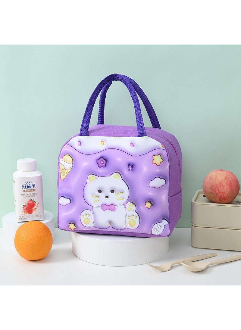 3D Cartoon Insulation Bag Childrens Portable Insulation Bag Oxford Cloth Lunch Bag Cute Lunch Bag Student Lunch Box Bag Purple Cat