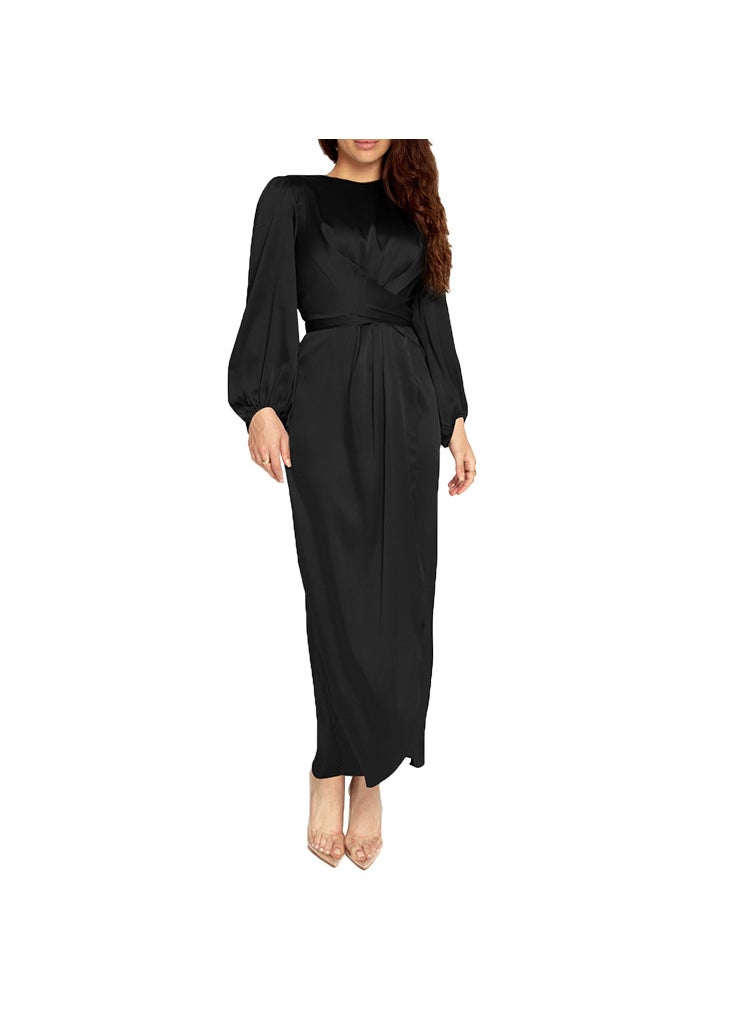 Ethnic Arab Long Dress Satin Sweet Fresh 20386 Black