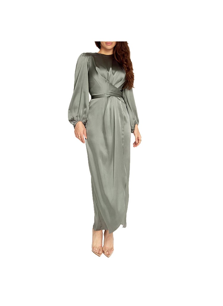 Ethnic Arab Long Dress Satin Sweet Fresh 20386 Light army green