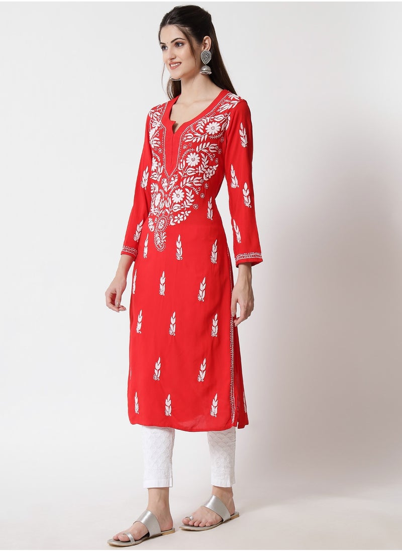 Women Hand Embroidered Chikankari Rayon Kurta-AL3451