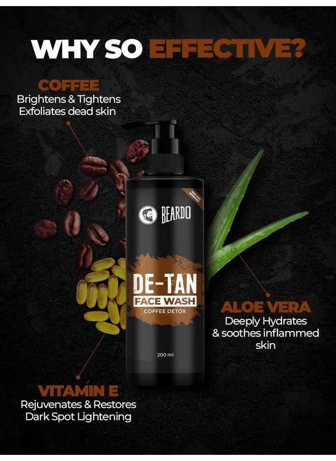 Detan Face Wash For Men, 200Ml | Coffee Facewash, Aloe Vera, Vitamin E | Helps To Reduce Tan | Exfoliates & Hydrates For Smooth & Oil Free Skin